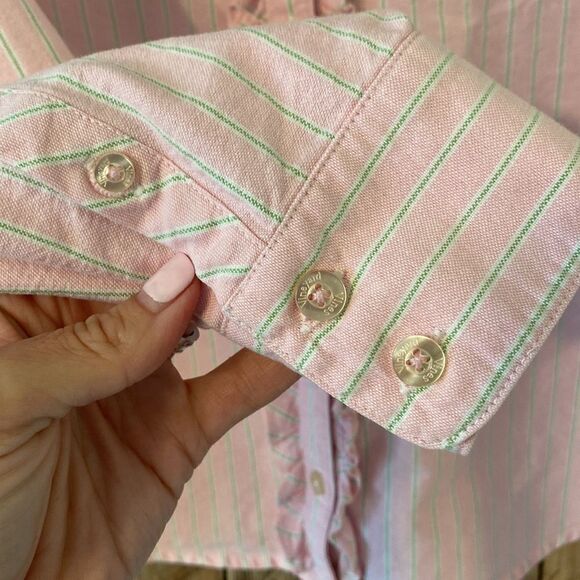 Shep & Ian Ruffled Button Down Pink Striped Shirt Size 2 - Picture 6 of 10